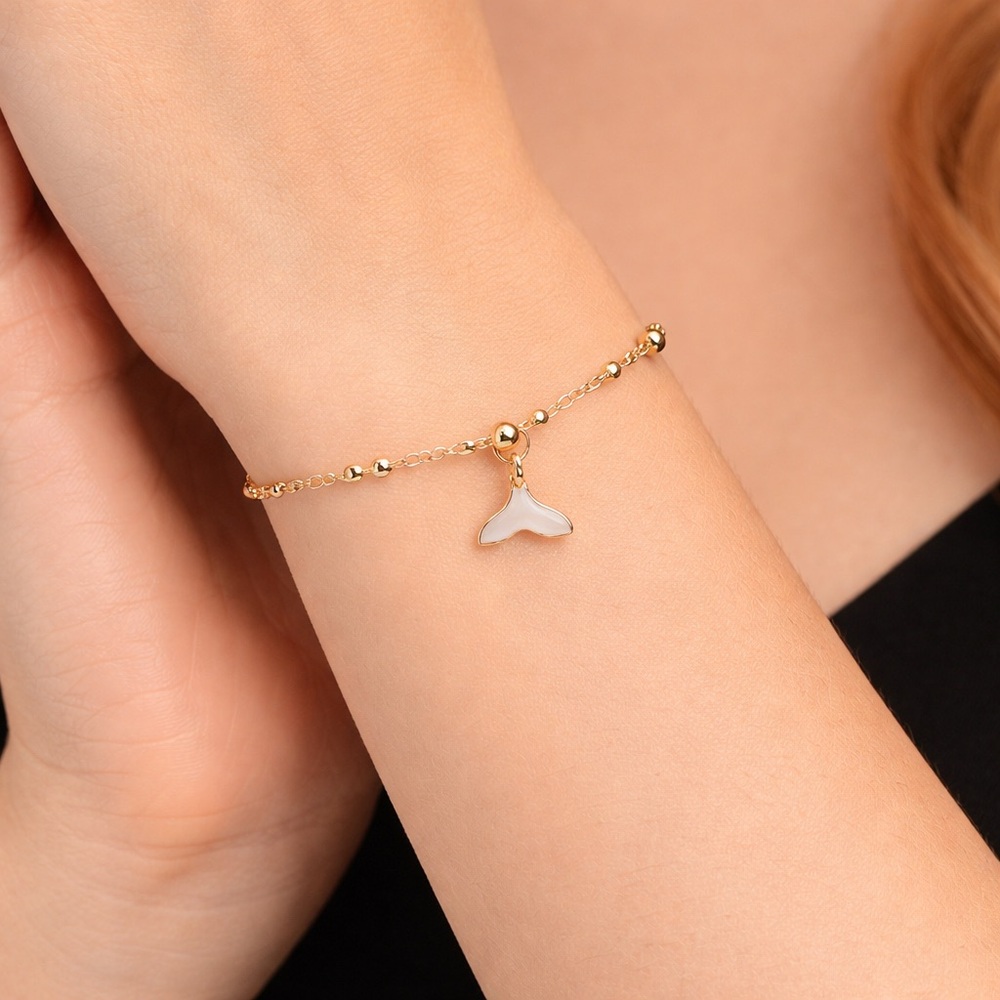 Gold Beaded Bracelet With Whale Tail Charm